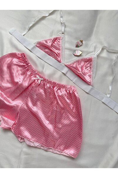 İNKO İÇ GİYİM Satin Patterned Bralet Shorts Set with Lace Detail