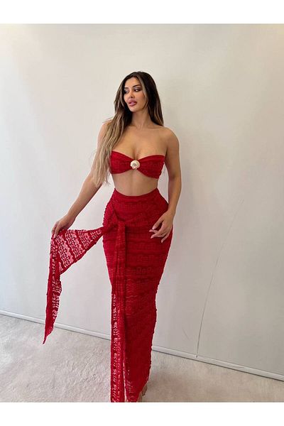 369 etnik butik Seashell Detailed Lace Bandeau Crop & Slit Long Skirt Set
