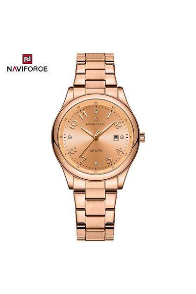 Naviforce Elegant Womens Quartz Watch with White Dial Rose Gold Stainless Steel Strap Analog Display