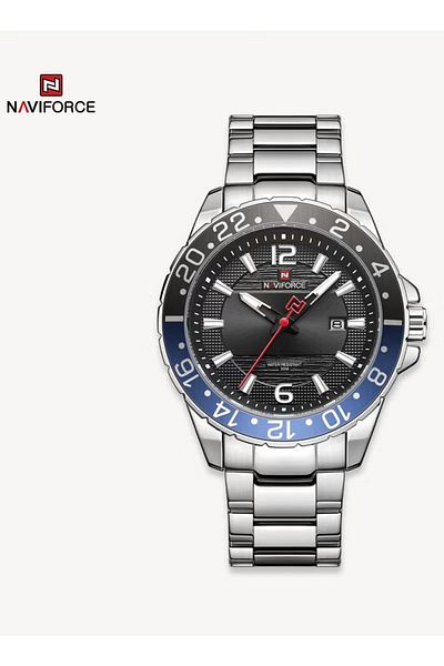 Naviforce Mens Sport Watch Stainless Steel Band Analog Quartz Movement Rotating Bezel Water Resistant 50M