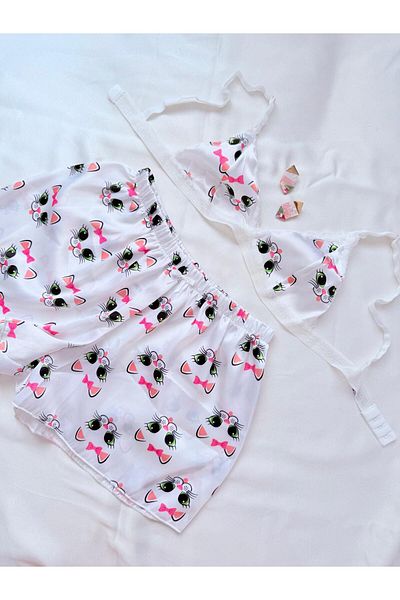 İNKO İÇ GİYİM Satin Patterned Bralet Shorts Set with Lace Detail