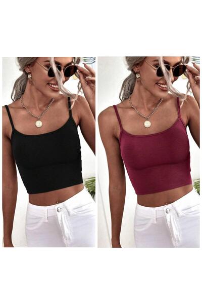 Lorya Giyim Kadın 2'li Paket İNCE ASKILI Fitilli Crop Basıc ATLET bluz