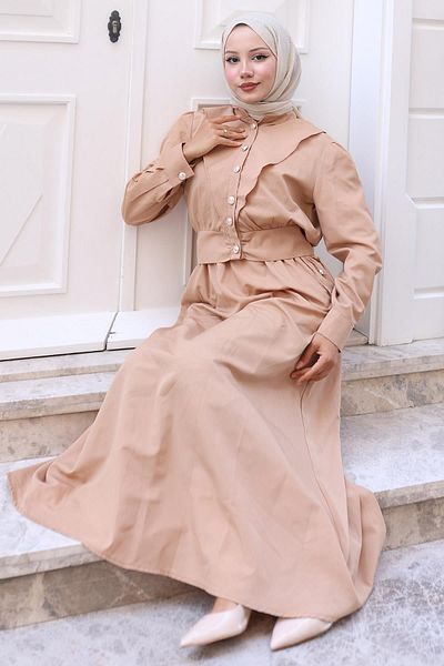 hafsamina Buttoned Jacket Pocket Waist Tie Gilet Dress Camel Hm2785