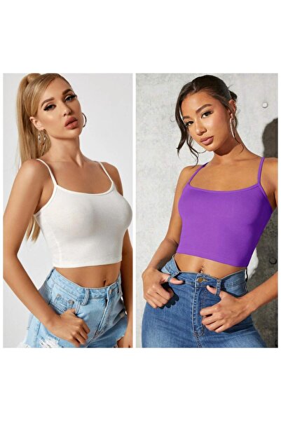 Lorya Giyim Kadın 2'li Paket İNCE ASKILI Fitilli Crop Basıc ATLET bluz