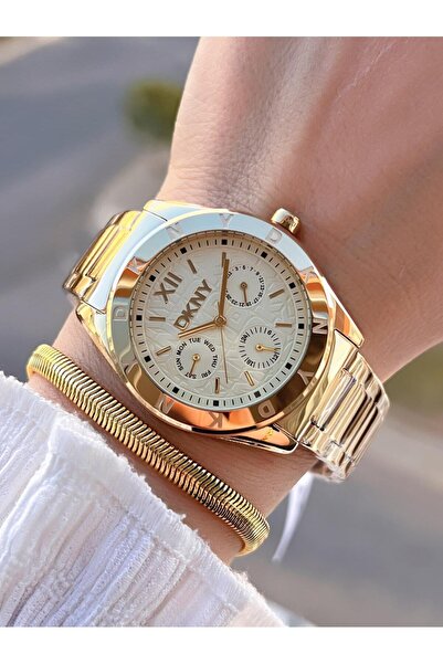 Dkny ساعة يد نسائية بعلبة فولاذية وسلك مقاومة للماء حتى 5 ATM ضمان لمدة عامين + سوار DKNY.015M003