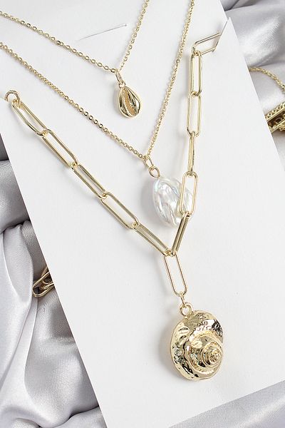 Clariss Brass Multi Chain Pearl Seashell Model Gold Color Women's Necklace