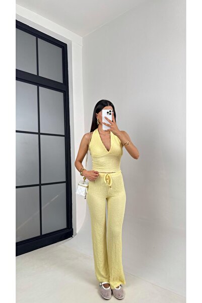 Gaus Sarı Boyundan Askılı Sırt Dekolteli Crop Beli Lastikli Pantolon İkili Bü...