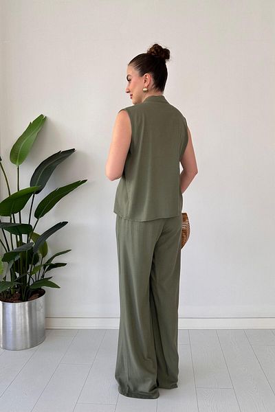 MaziButik Wicker Belted Linen Suit Khaki