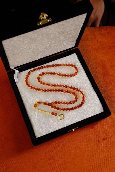 dergah tesbih Special Silver Crescent and Star Design 99' Drop Amber Prayer Prayer Beads (Amber), (مسبحة قطرة كهريبار)