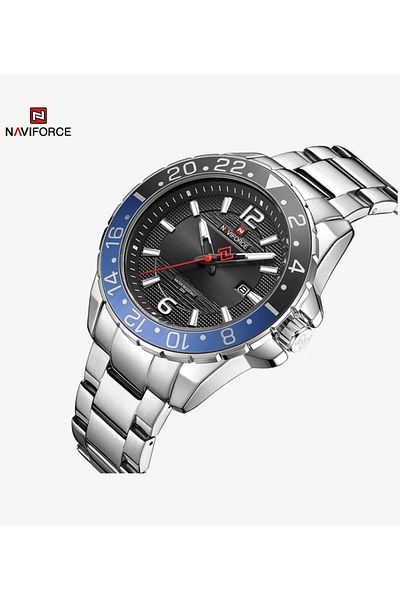 Naviforce Mens Sport Watch Stainless Steel Band Analog Quartz Movement Rotating Bezel Water Resistant 50M