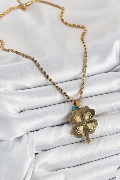 BESKAR 316L Steel Twisted Chain Evil Eye Detailed Clover Model Gold Color Women's Necklace