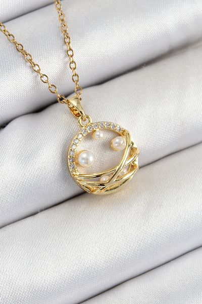 Clariss 316L Steel Zircon Stone Pearl Detailed Ring Model Gold Color Women's Necklace