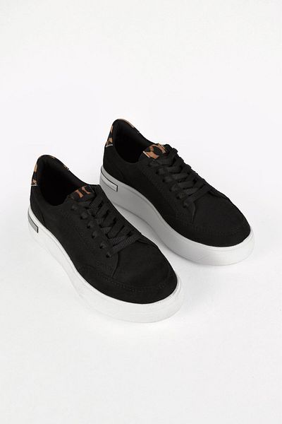 birizmoda Women's Lace-Up Leopard and Silver Detailed High Sole Suede Sneaker Shoes - Black