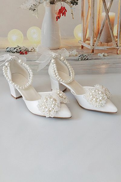 Modavien Women's 5 cm Bow Pearl Bridal Shoes