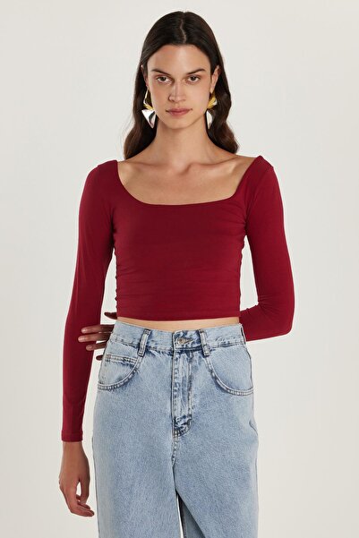 Tudors Women's Slim Fit Slim Fit Cotton Boat Neck Burgundy Blouse