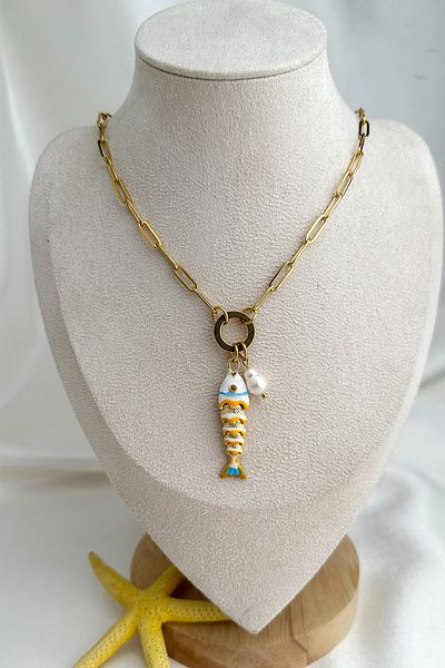 Modex Steel Pearl Detail Enamel Fish Bone Necklace (46cm)