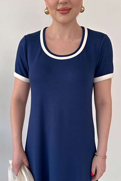 MaziButik Round Neck Modal Dress Navy Blue