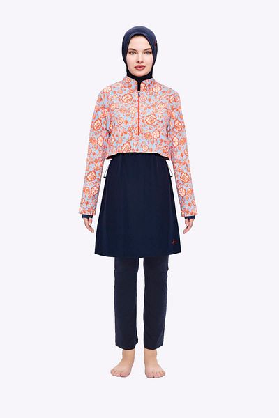 Haşema Esila Blue Red Floral Pattern 5 τεμαχίων Full Hijab Σετ μαγιό 2934