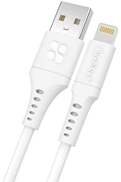 Promate كابل USB-A إلى Lightning، متين بقوة 2.4 أمبير، ومزامنة بيانات بسرعة 480 ميجابت في الثانية، واختبار انحناء أكثر من 25000 ومضاد للصدمات بطول 200 سم