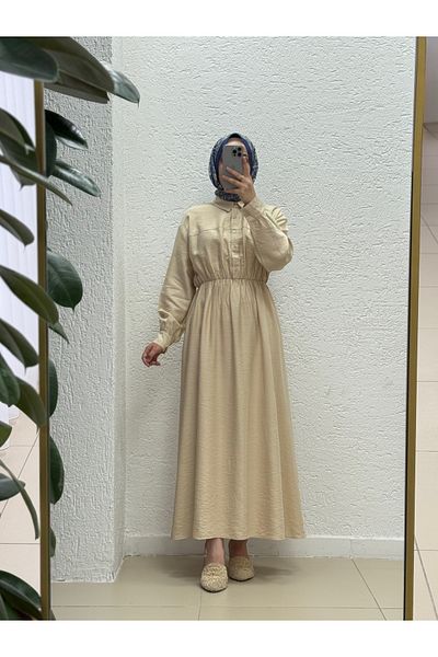 MİHRA STORE Mireva Half Patched Elastic Waist Dress-As4078 Beige