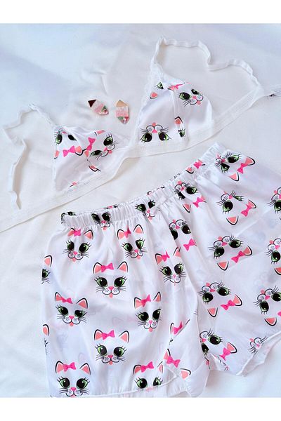 İNKO İÇ GİYİM Satin Patterned Bralet Shorts Set with Lace Detail