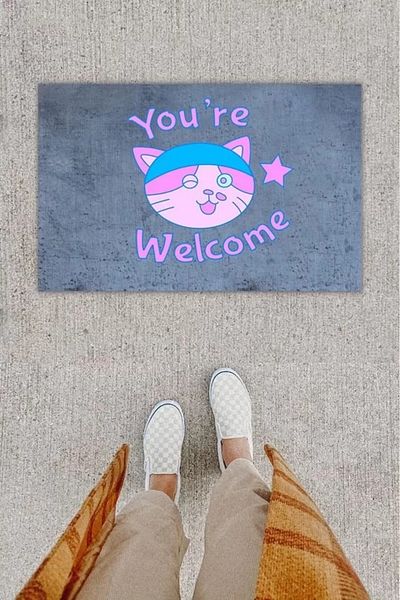 Mu Art Ahşap Digital Printing Decorative Welcome Cat Anthracite Door Mat K-1292