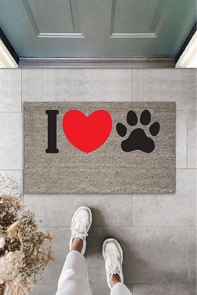 Mu Art Ahşap Digital Printing Gray I Love Paw Red Heart Decorative Door Mat K-2075