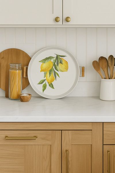 hemlife 37cm Wooden Handle White Lemon Printed Metal Tray Round Tray Tea Tray Presentation Tray