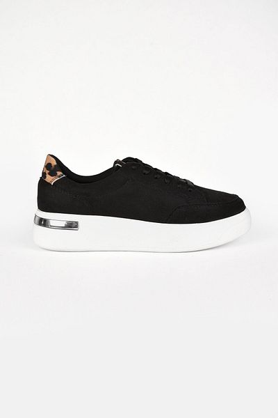 birizmoda Women's Lace-Up Leopard and Silver Detailed High Sole Suede Sneaker Shoes - Black
