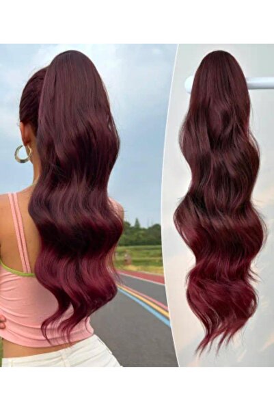 Handmade Şarap kırmızı rengi peruk takma saç, pençe tokalı at kuyruğu saç