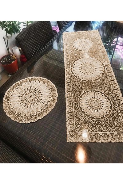 Çt Çeyizci Tekstil Set de dantelă franceză Runner și Supla (1 Runner, 6 Supla) Gri
