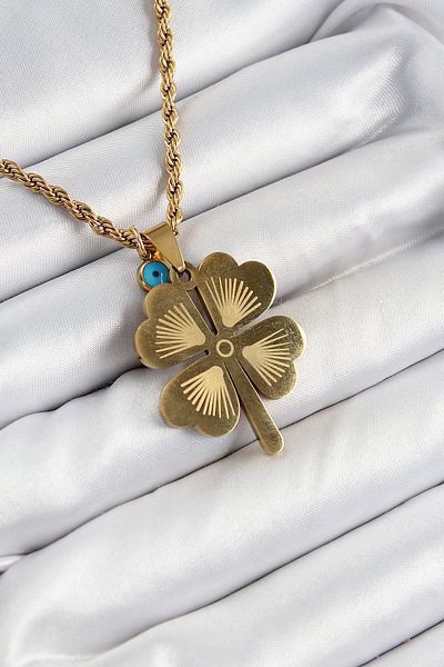 BESKAR 316L Steel Twisted Chain Evil Eye Detailed Clover Model Gold Color Women's Necklace