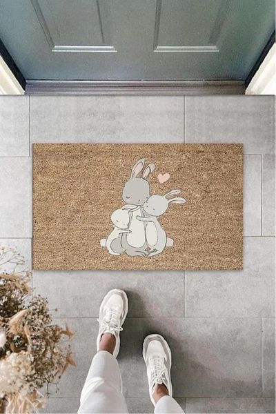 Mu Art Ahşap Brown Door Mat Rabbit Family Pattern K-3224