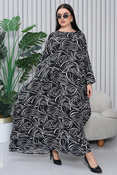 EL jadida Women's Patterned Oversize Long Viscose Dress Black