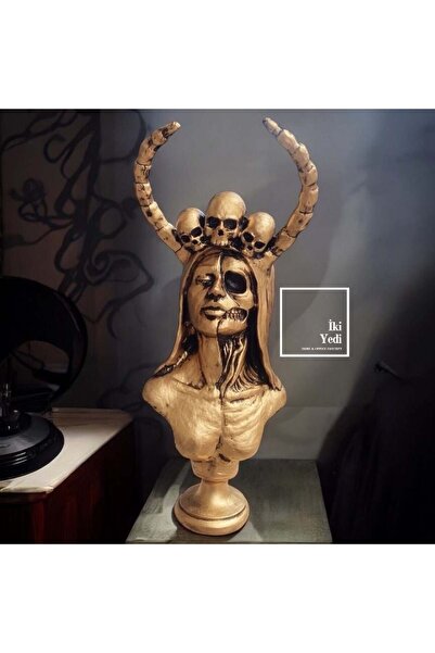 77 Malef 55 cm Melek Yüzlü Şeytan Büst Heykeli Kurukafa Aykırı Dekorayon Sıra...