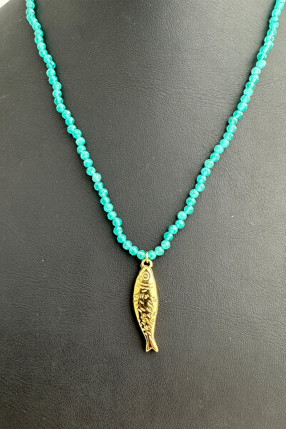 Modex Steel Turquoise Bead Row Gold Color Fish Necklace (40cm)