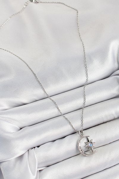 Clariss 316L Steel Zircon Stone Pole Star Crescent Model Silver Color Women's Necklace
