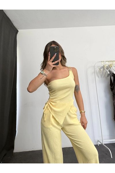 SEVENLINE Women's One Sleeve Side Gathered Blouse Asymmetrical Bottom Top Set