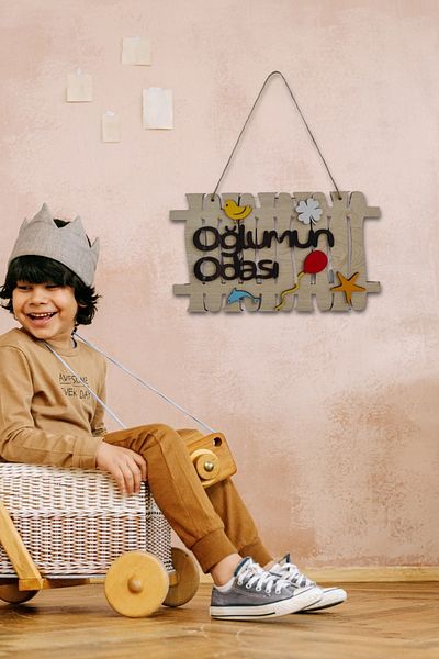 Kutaydan My Son's Room Written Garden Fence Figured Mdf Laser Cut Door and Wall Ornament - Maple Wood