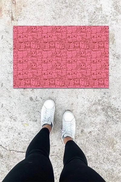 Mu Art Ahşap Digital Printing Pink Cat Pattern Door Mat K-1025