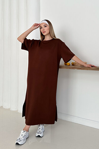 TrendyFashion Women's Brown Modal Fabric Slit Oversize Dress