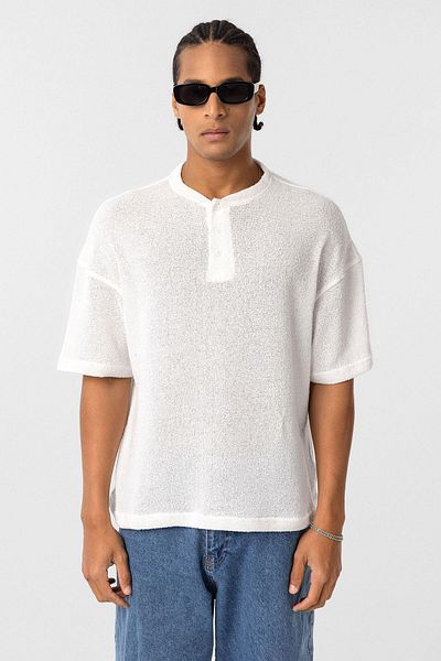 VAMOSCLO Basic Oversize Button Collar T-Shirt Ecru