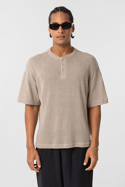 VAMOSCLO Basic Oversize Button Collar T-Shirt Beige