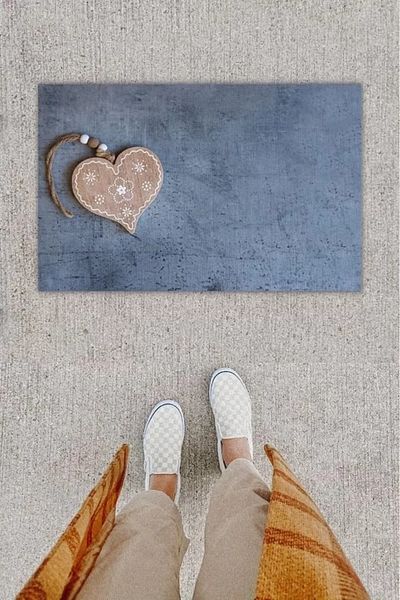 Mu Art Ahşap Digital Printing Decorative Heart Anthracite Door Mat K-1291