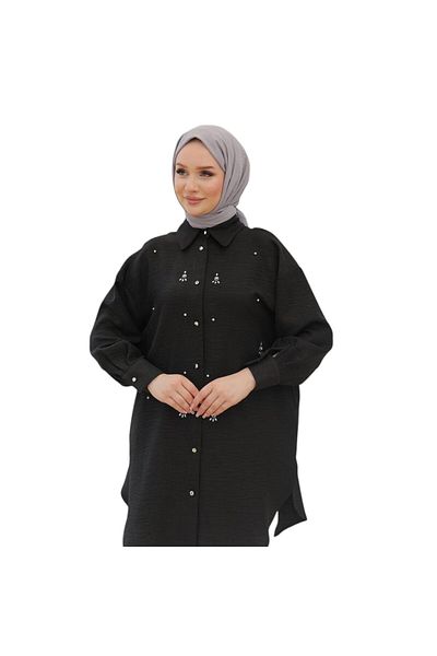 Armine Women's Shirt Collar Front Stone Patterned Tunic
