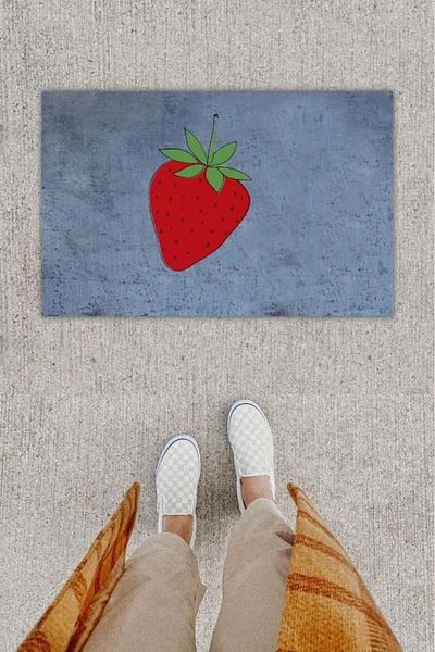 Mu Art Ahşap Digital Print Decorative Strawberry Anthracite Door Mat K-1297
