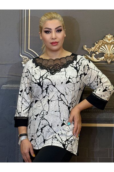 Yeşilmoda Evening Dress Blouse, Bat Sleeve, Combed Cotton Yarn, Patterned, Floral, Lace Collar, White, Elegant Evening