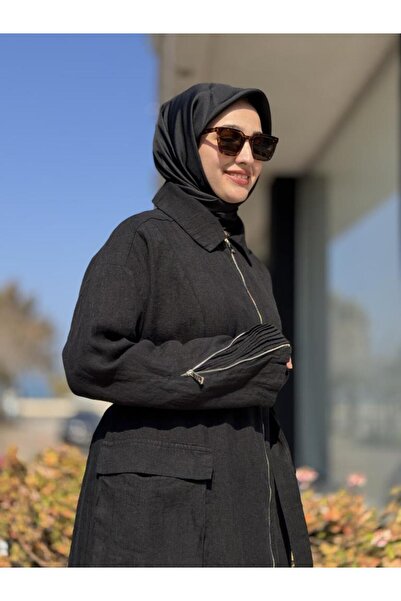 MissWhence Front and Back Zipper Bag Pocket Linen Overcoat 37509