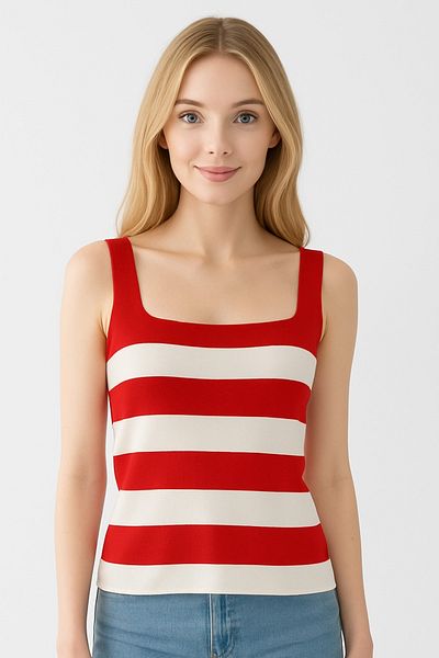 sole stories Square Neck Strap Basic Thick Striped Knitwear Blouse