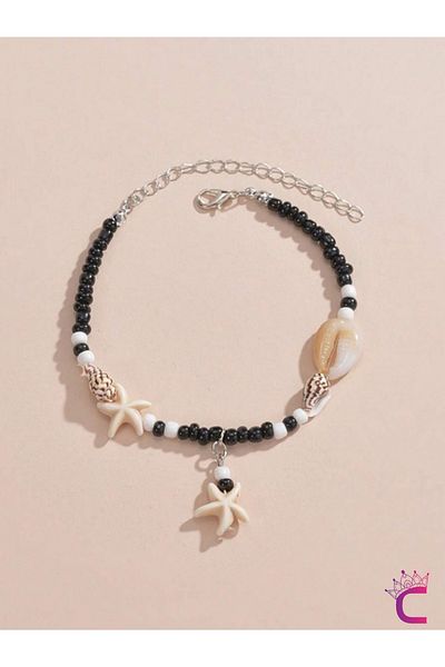 Cinderella Black Anklet with Sea Star Conch - Adjustable Miyuki Beaded Foot Bracelet Beach Jewelry